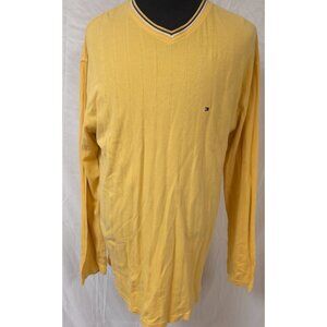 TOMMY HILFIGER Mens XL Yellow/Gold V-Neck Striped Flag Logo Sweater